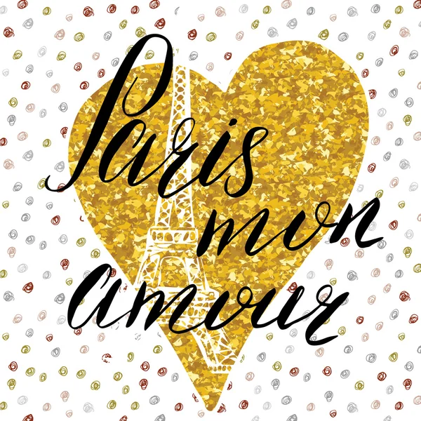 Paris my love lettering sign, on gold glitter heart with Hand drawn sketch eiffel tower on abstract background vector Illustration — стоковий вектор