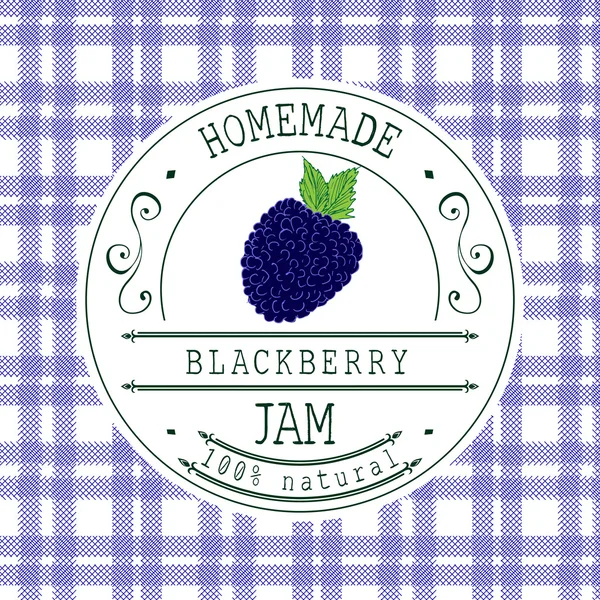 Jam label design template. for Blackberry dessert product with hand drawn sketched fruit and background. Doodle vector Blackberry illustration brand identity — Wektor stockowy