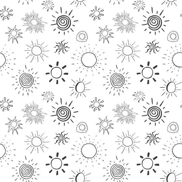 Nahtloses Schwarz-Weiß-Muster mit handgezeichneten Doodle-Sonnen-Vektor-Illustration — Stockvektor