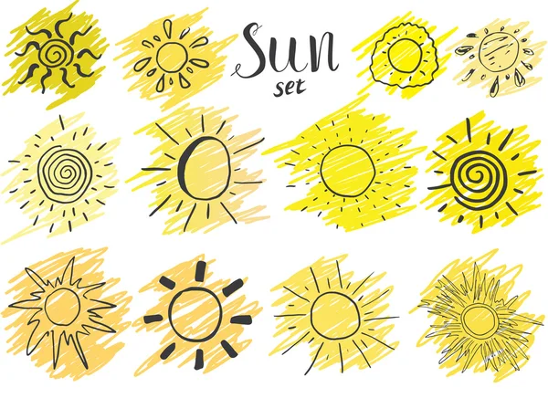 異なる太陽の設定描画の手、白で隔離のベクトル図をスケッチ — ストックベクタ
