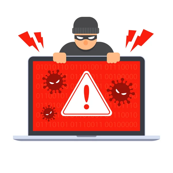 コンピュータウイルス検出アイコン ラップトップ上のシステムエラー警告 マルウェア ウイルス トロイの木馬 またはハッカーによる脅威の緊急警報 創造的なウイルス対策の概念 平型ベクトルイラスト — ストックベクタ