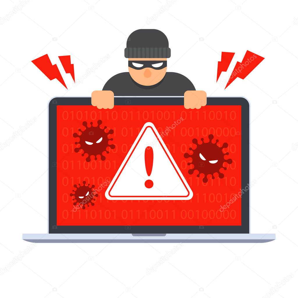 Computer virus detection icon. System error warning on a laptop. Emergency alert of threat by malware, virus, trojan, or hacker. Creative antivirus concept. Vector illustration with the flat style.