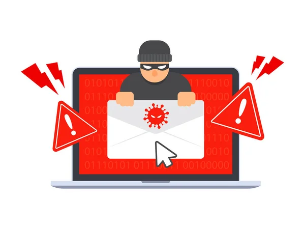 Mail Víruskereső Ikon Veszély Figyelmeztetés Egy Laptopon Vészriadó Malware Vírus — Stock Vector