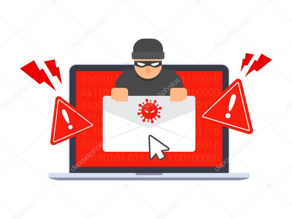 Email virus detection icon. Danger warning on a laptop. Emergency alert of threat by malware, virus, trojan, or phishing. Creative antivirus concept. Vector illustration design with the flat style.