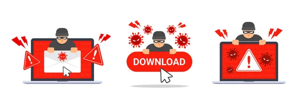 コンピュータウイルス検出アイコンのコレクション ラップトップ上のシステムエラー警告 マルウェア ウイルス トロイの木馬 フィッシング ハッカーによる脅威の緊急警報 創造的なウイルス対策の概念 ベクトル平面 — ストックベクタ