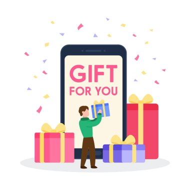 Akıllı telefonun önünde hediye kutularıyla çevrili bir hediye kutusu tutan bir adam. Online alışveriş için yaratıcı bir konsept. Moda şirin vektör çizimi. Düz biçim grafik simgesi.