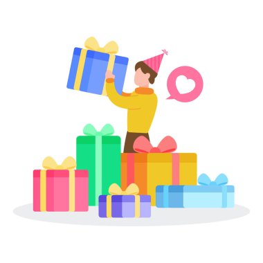 Mutlu adam renkli hediye kutularıyla çevrili bir hediye kutusu tutuyor. Doğum günü partisi kutlamasının yaratıcı konsepti. Moda şirin vektör çizimi. Düz stil grafik tasarım simgesi.