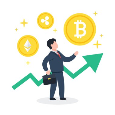 Etrafta yüzen kripto paralı bir iş adamı. Dijital bitcoin yatırımının yaratıcı konsepti. Basit, modaya uygun, şirin vektör çizimi. Modern düz biçim grafik ögesi.