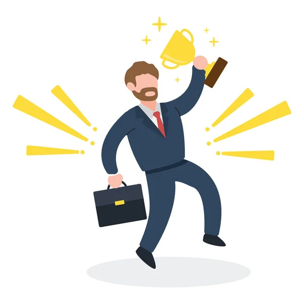 Happy Businessman Holding Trophy Cup Creative Concept Business Success Winner — Stock Vector