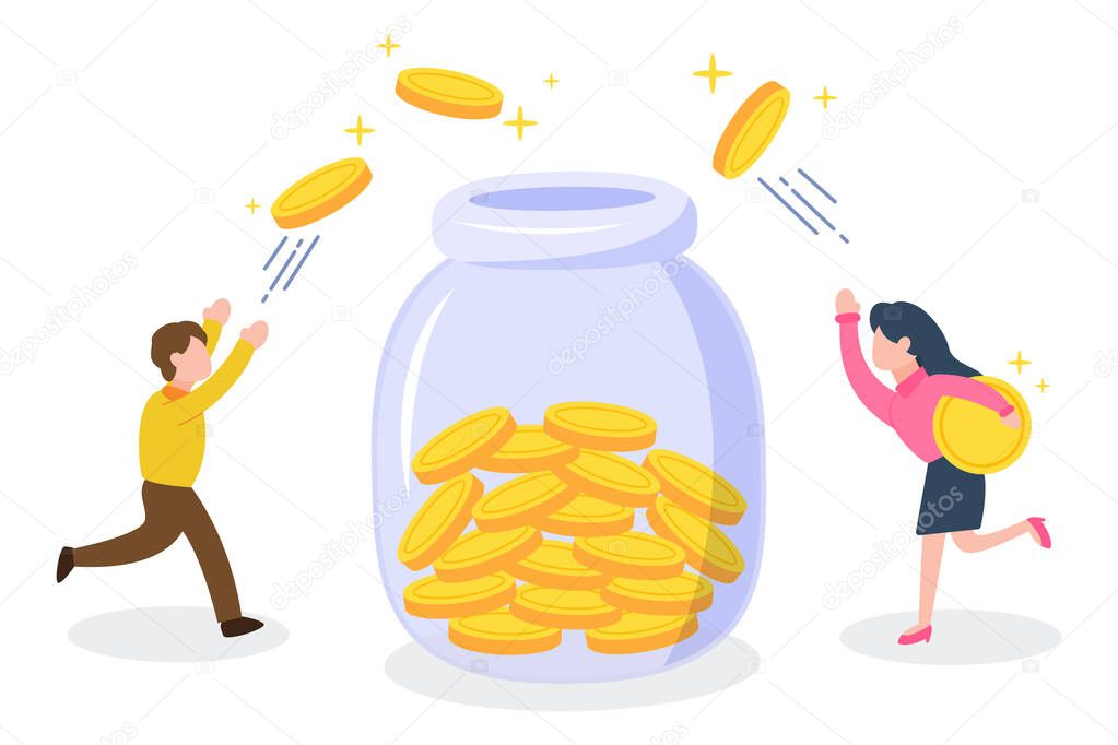Man and woman throw coins into a jar. The creative concept idea of saving money and investment. Simple trendy cute cartoon people. Minimal vector illustration. Modern flat style graphic icon.