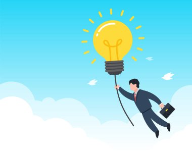 İş adamı havada süzülen bir ampulü yakalar. İş fikri, çözüm ya da ilham arayışı için yaratıcı bir kavram. Basit, modaya uygun, şirin vektör çizimi. Modern düz biçim grafiksel.