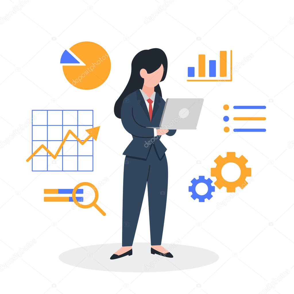 Businesswoman analyzing information with a laptop. The creative concept idea of business data analysis and marketing. Simple trendy cute vector illustration. Modern and minimal flat style graphic.