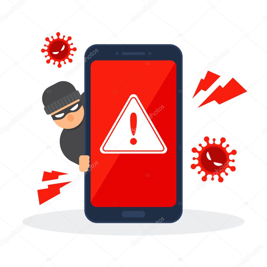 Smartphone with error detection. Danger warning on mobile. Emergency alert of threat by malware, virus, trojan, or hacking. Creative antivirus concept. Vector illustration design with the flat style.