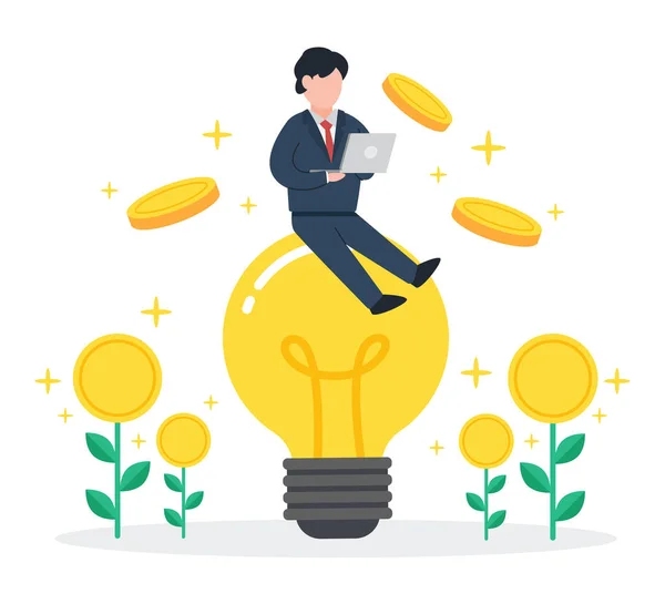 ビジネスマンは浮遊コインで光る電球に座っています ビジネスアイデアからお金を稼ぐ創造的な概念 シンプルなトレンディーなかわいいベクトルイラスト モダンなフラットスタイル 概要グラフィックデザイン — ストックベクタ