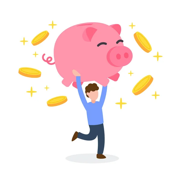 浮動コインと大きなピンクの貯金箱を運ぶ男 投資を節約する創造的な概念 シンプルなトレンディーなかわいい漫画のキャラクターベクトルイラスト — ストックベクタ