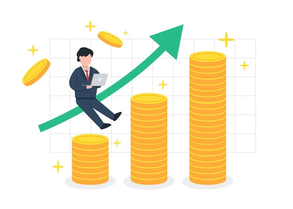 Hombre Negocios Sienta Gráfico Positivo Que Crece Sobre Pila Monedas — Vector de stock