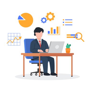 İş adamı masada dizüstü bilgisayarla oturur ve çalışır. İş veri analizi ve pazarlamanın yaratıcı kavramı. Basit, modaya uygun, şirin vektör çizimi. Modern düz biçim grafik simgesi.