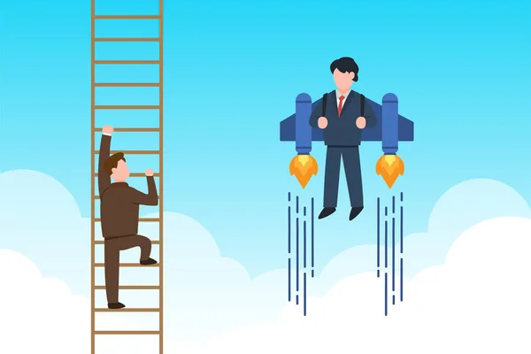 Businessman Climbs Ladder While Competitor Use Jetpack Creative Concept Idea — Stock Vector