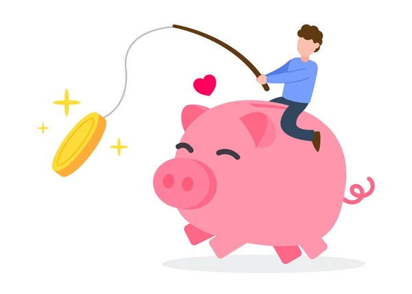 男は大きなピンクの貯金箱に乗って 黄金のコインで釣竿を持っています お金を節約する創造的な概念 シンプルなトレンディーなかわいいベクトルキャラクターイラスト 現代の漫画フラットスタイルのグラフィック — ストックベクタ