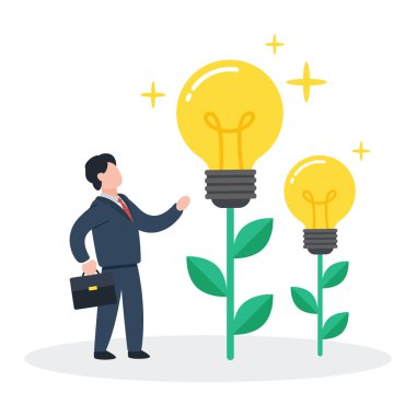 İş adamı ampul ağaçlarının yanında duruyor. İş fikri, çözüm ya da ilham arayışı için yaratıcı bir kavram. Basit, modaya uygun, şirin vektör çizimi. Modern düz stil. Soyut grafik tasarımı.