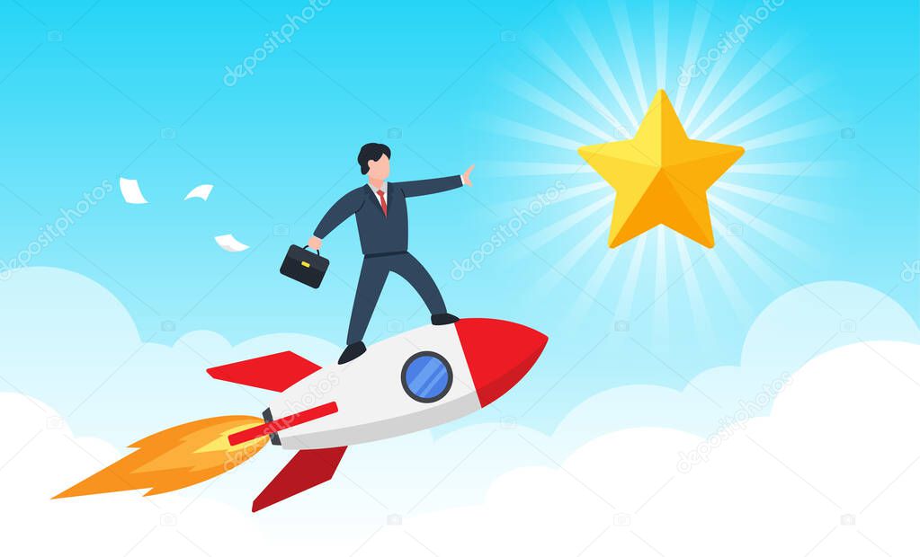 Businessman reaches hand to golden star while stands on flying rocket. Creative concept idea of achieving business goal or target. Simple trendy cute cartoon vector illustration. Flat style graphic.