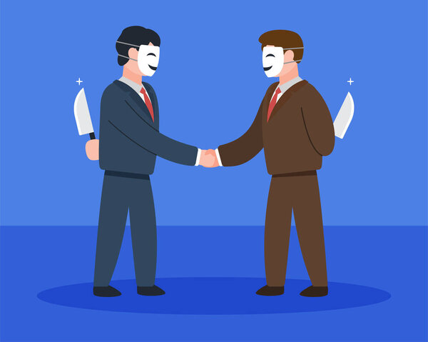Businessmen wear smile masks shaking hands while hiding knife behind. Creative concept idea of the untrustworthy business partnership, betrayal, or backstabbing. Trendy vector illustration flat style.