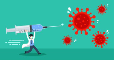 Doktor tıbbi bir şırınga taşıyor ve covid-19 virüslerine doğru koşuyor. Coronavirus koruması. Aşı zamanı. Aşı konsepti. Moda çizgi film vektör illüstrasyonu. Düz biçim grafik tasarımı.