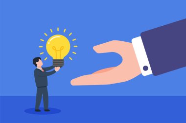 İşadamı elinde parlak bir ampul tutup birine veriyor. Bir fikir önermek ya da anlaşma yapmak gibi yaratıcı bir kavram. Basit, modaya uygun, şirin vektör çizimi. Modern soyut düz stil grafik tasarımı.