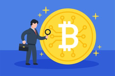 Elinde büyüteç tutan ve dijital bitcoin analiz eden bir iş adamı. Şifreli para yatırımı için yaratıcı bir kavram. Basit, modaya uygun, sevimli karakter vektör çizimi. Modern düz stil grafik tasarımı.