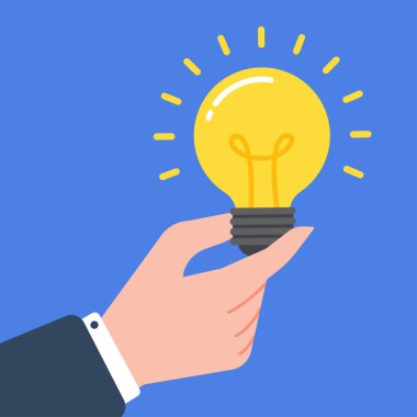 Parlayan bir ampulü tutan bir iş adamının eli. Yaratıcı iş fikri, çözüm, yenilik veya ilham kavramı. Basit, modaya uygun, sevimli çizgi film vektör çizimi. Düz biçim grafiği.