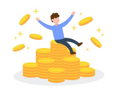 Küçük mutlu adam pırıltılı altın sikkelerin üzerinde oturuyor. Zengin ya da tasarruflu, yaratıcı finansal konsept. Para grubu. Basit moda sevimli çizgi film karakteri. Düz vektör illüstrasyonu.