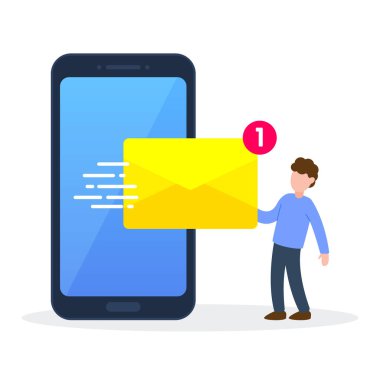 Adam akıllı telefondan bir e-posta alıyor. Yeni mesaj bildirisinde yaratıcı teknoloji kavramı. Basit, modaya uygun, sevimli çizgi film karakteri çizimi. Düz stil grafik tasarım ögesi simgesi.