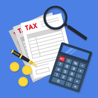 Büyüteç, kalem, altın sikke ve hesap makinesi olan vergi formları. Vergi hesaplaması ya da yönetimin yaratıcı finansal konsepti. Basit moda şirin vektör illüstrasyonu.