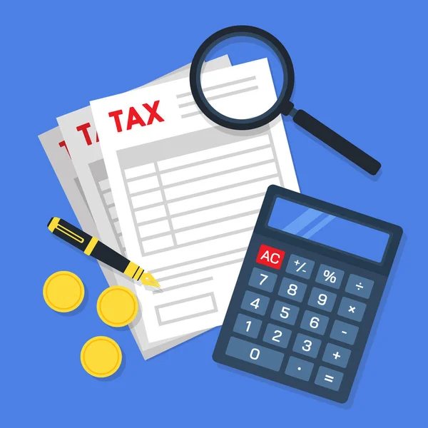 拡大鏡 計算機付きの税務書類用紙 税務計算や管理の創造的な財務概念 シンプルなトレンディーなかわいいベクトルイラスト — ストックベクタ