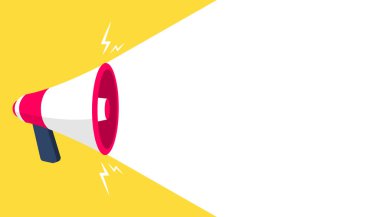 Fotokopi alanı için beyaz alana megafon sesi. Promosyon etkinliği ya da reklamcılığın yaratıcı iş konsepti. Basit, modaya uygun, sevimli çizgi film vektör çizimi. Düz biçim grafik tasarımı.