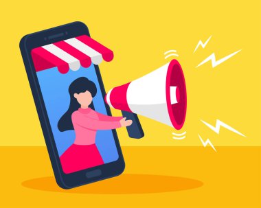 Akıllı telefondaki tenteli kadın megafona bağırıyor. Mağaza tanıtımı, reklamcılık, pazarlama ya da e-ticaret hakkında yaratıcı bir online mağaza konsepti. Modaya uygun şirin çizgi film vektör çizimi. Düz biçim.