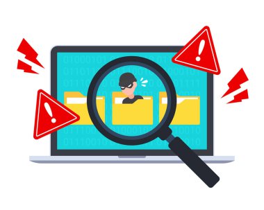 Sistem taramasıyla dizinde bir hacker tespit edildi. Siber suç uyarısı, veri hackleme, kötü amaçlı yazılım, virüs ya da Truva virüsü. Yaratıcı antivirüs konsepti. Düz biçim vektör illüstrasyonu.