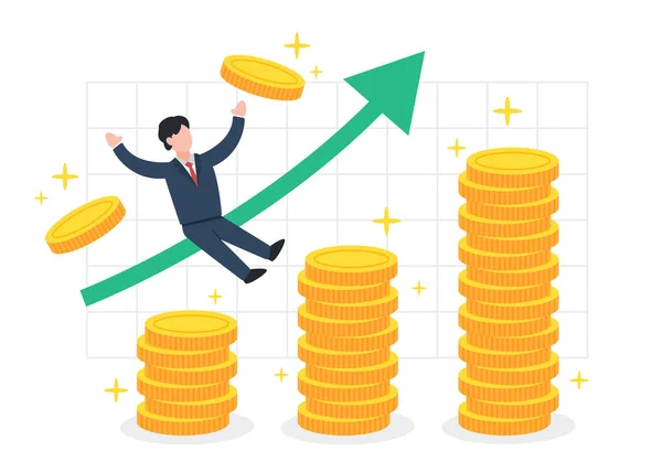 Businessman Sits Growing Positive Graph Pile Coins Creative Concept Idea — Stock Vector