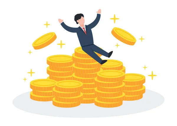 Šťastný Obchodník Sedí Jiskrou Hromadě Zlatých Mincí Kreativní Finanční Koncept — Stockový vektor