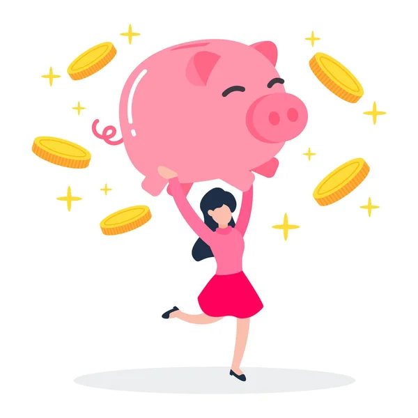 女性は浮動コインで大きなピンクの貯金箱を運ぶ 投資を節約する創造的な概念 トレンディかわいい漫画のキャラクターベクトルイラスト — ストックベクタ