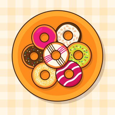 Turuncu tabakta nefis donutların en üst görüntüsü. Lezzetli donut, jöleli ve şekerli. Tatlı ve fırın konsepti. Tatlı ve lezzetli. Basit Moda Şirin Yemek Çizgi Filmi Vektör Çizimi.