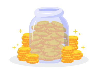 Beyaz arka planda izole edilmiş bir sürü altın madeni para dolu para kavanozu. Para ve yatırım biriktirmenin yaratıcı finansal konsepti. Basit, modaya uygun, şirin vektör çizimi. Düz biçim grafik simgesi.