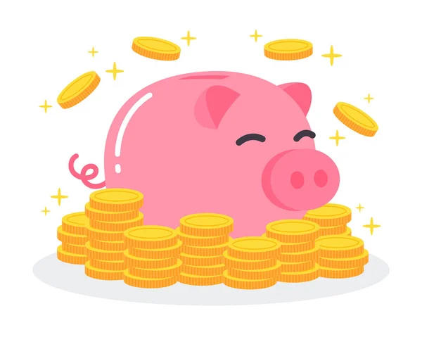 Różowa Świnka Grupową Stertą Złotych Monet Kreatywna Koncepcja Finansowa Oszczędzania — Wektor stockowy