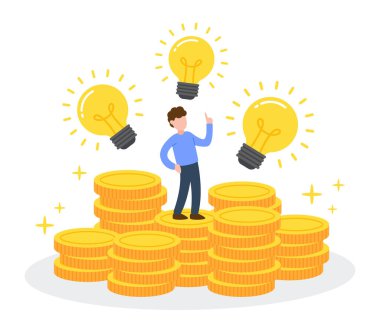 Adam parlayan ampullerle altın sikkelerin üzerinde duruyor. Fikirlerden para kazanmanın yaratıcı finansal konsepti. Basit, modaya uygun, sevimli çizgi film karakteri çizimi. Düz biçim grafik tasarımı.