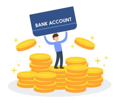 Adam banka hesap cüzdanını tutuyor ve altın para yığınının üzerinde duruyor. Tasarruflardan gelen yaratıcı finansal konsept. Basit, modaya uygun, sevimli çizgi film karakteri çizimi. Düz biçim grafik tasarımı.