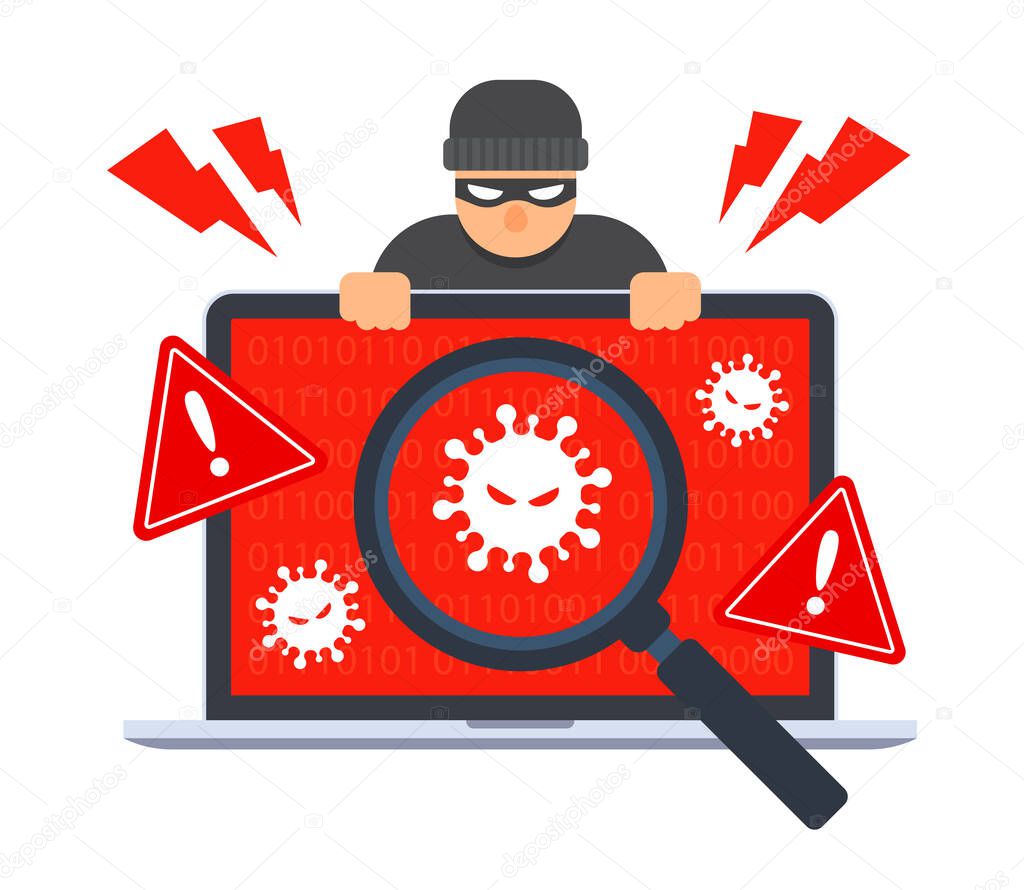 Computer virus detection icon. System error warning on a laptop. Emergency alert. Scanning for malware, virus, or scam with a magnifying glass. Antivirus concept. Trendy flat style illustration.