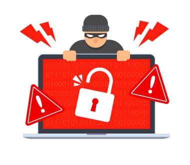 Hacker bilgisayar bilgisayarındaki güvenlik sistemini kırıyor. Acil durum alarmı. Veri hackleme uyarısı. Virüs ya da fidye virüsü saldırısı. Yaratıcı antivirüs konsepti. Moda çizgi film vektörü düz illüstrasyon.