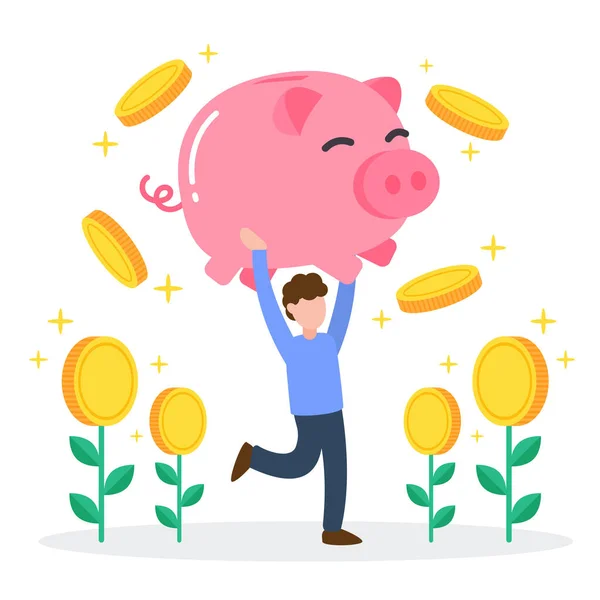 男は浮動コインとお金の木と大きなピンクの貯金箱を運ぶ 投資という創造的な財務的概念 トレンディかわいい漫画のキャラクターベクトルイラスト — ストックベクタ