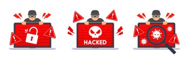 Bilgisayar hack ikonu koleksiyonu. Bilgisayarda sistem hatası uyarısı. Virüs, virüs, Truva virüsü, fidye virüsü ya da hackerın tehdidine karşı acil durum alarmı. Yaratıcı antivirüs konsepti. Düz vektör illüstrasyonu.