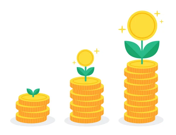 Pénzfák Aranyérméken Nőnek Befektetések Növekedésének Vagy Kamatainak Kreatív Pénzügyi Vagy — Stock Vector